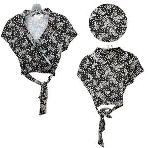 No Comment NY-LA Womens Tie Front Crop Top V Neck Floral Boho Stretch Size L NWT